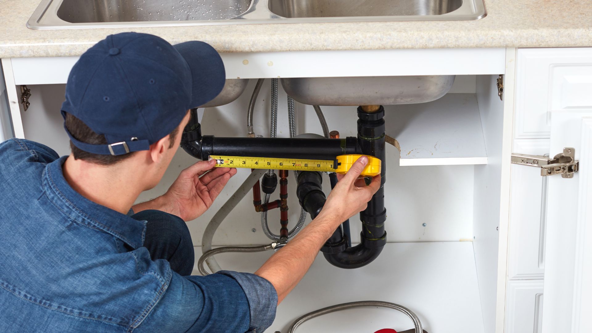 General Pblmt A Plumber taking the measurement of Sink pipe.